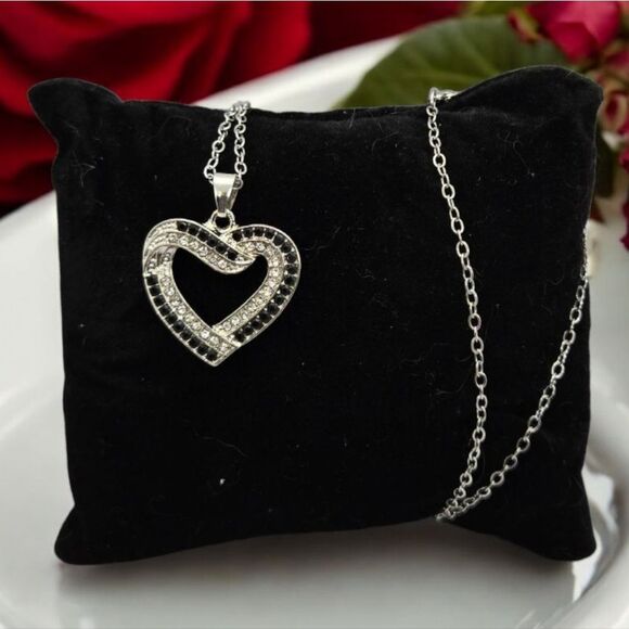CZ Heart Necklace Double Layer Silver Black Zircon Open Pendant Sparkly Jewelry - Picture 5 of 7